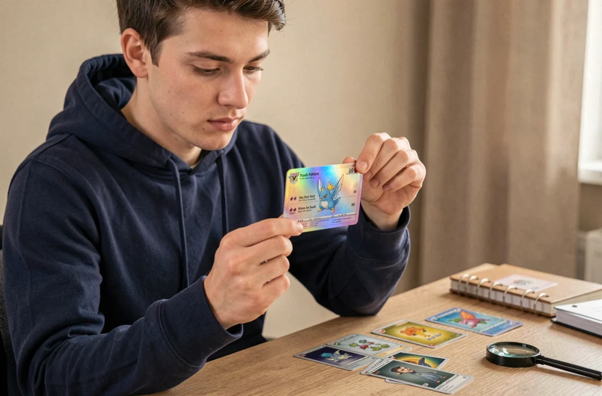 Jeune collectionneur examinant une carte Pokémon holographique rare à son bureau pour en évaluer la valeur