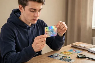 Jeune collectionneur examinant une carte Pokémon holographique rare à son bureau pour en évaluer la valeur