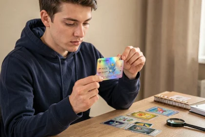 Jeune collectionneur examinant une carte Pokémon holographique rare à son bureau pour en évaluer la valeur