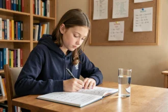 Collégienne révisant la conversion de litre en mètre cube avec un verre d'eau posé sur son bureau
