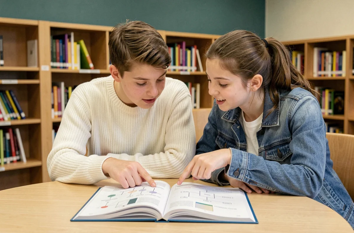 Deux collégiens étudiant ensemble la conversion des unités de volume litre et mètre cube dans une bibliothèque scolaire