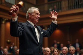 Commissaire-priseur brandissant un marteau lors d'une vente aux enchères de jean bille dans une salle parisienne élégante