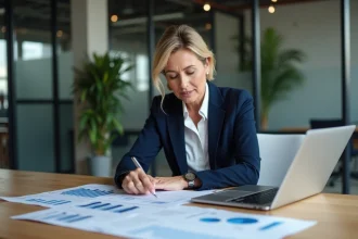 Femme d'affaires comparant des offres de fournisseurs classiques et une plateforme comme Co-valence.fr sur des documents imprimés et un écran d'ordinateur portable