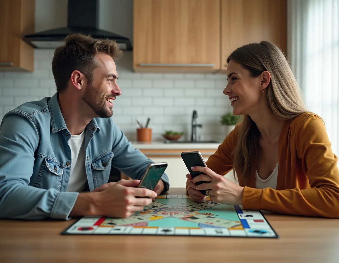 Deux adultes comparant le jeu Monopoly GO en ligne et la version plateau classique ensemble autour d'une table de cuisine