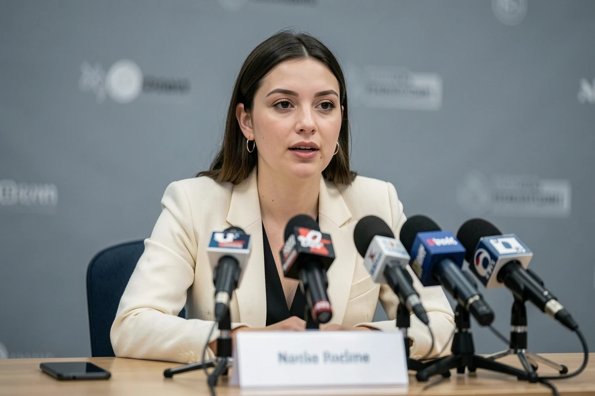 Femme engagée répondant aux questions des journalistes lors d'une conférence de presse institutionnelle