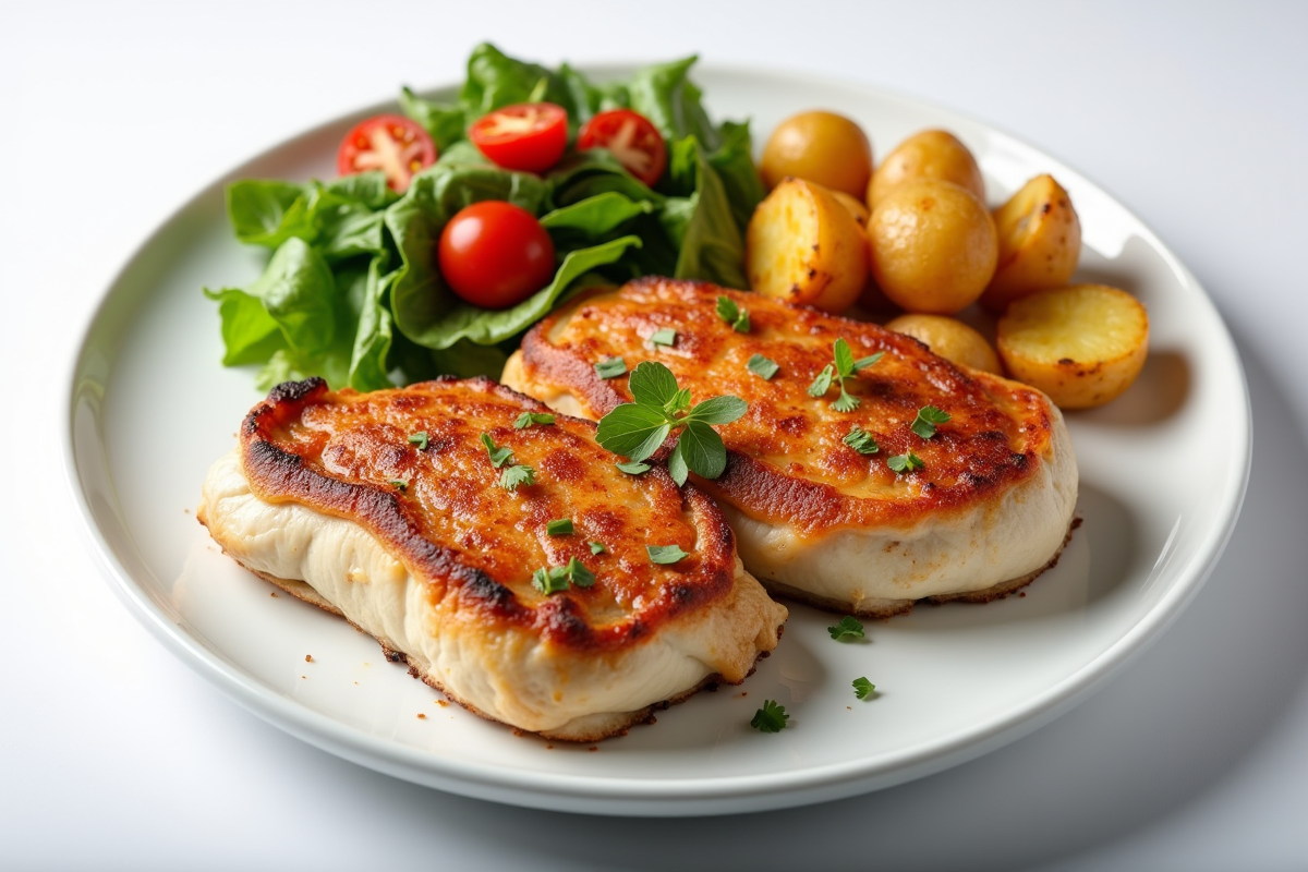 Cordon bleu sur assiette blanche avec salade colorée et pommes de terre