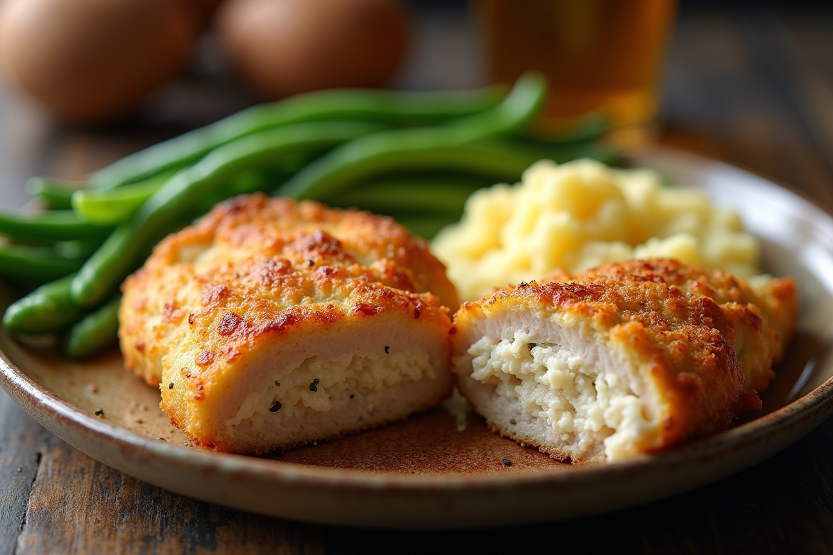 Cordon bleu doré et croustillant tranché sur assiette rustique
