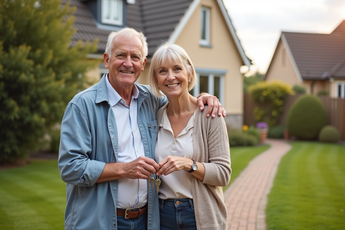 Couple souriant avec clés devant leur maison