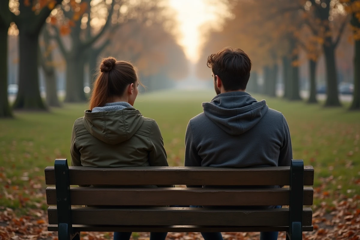 Couple assis dos à dos sur un banc de parc à l'aube, illustrant la distance et les blocages énergétiques entre flammes jumelles