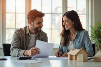 Jeune couple analysant documents d'investissement immobilier