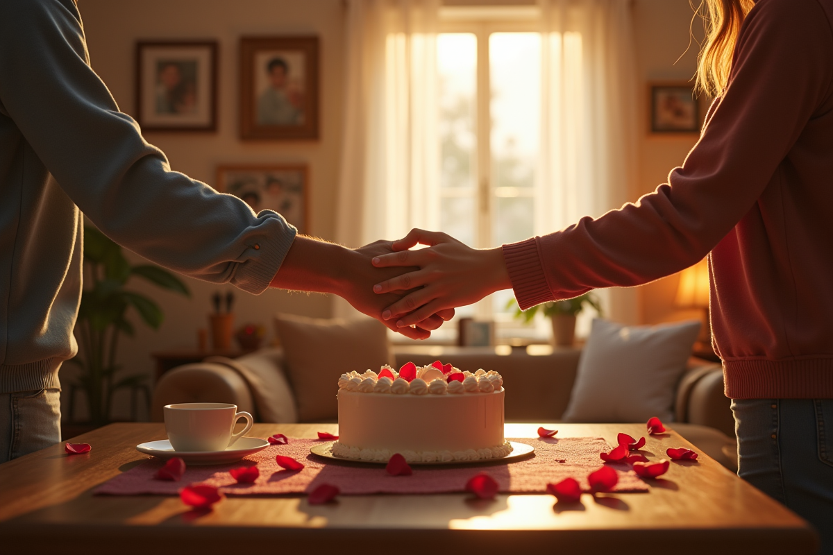 Couple tenant la main sur une table chaleureuse avec gâteau et roses