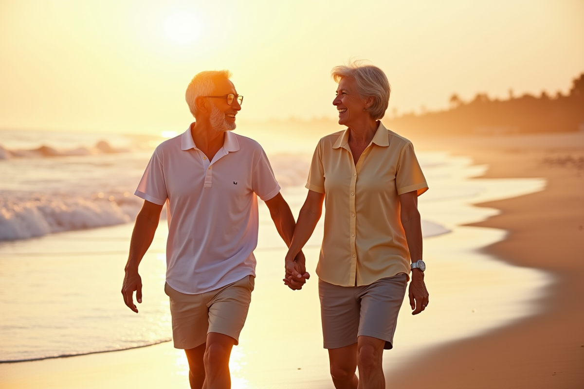 Couple senior souriant marchant sur la plage au coucher du soleil