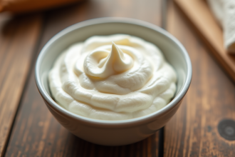 Bol de crème fouettée en gros plan avec pics doux