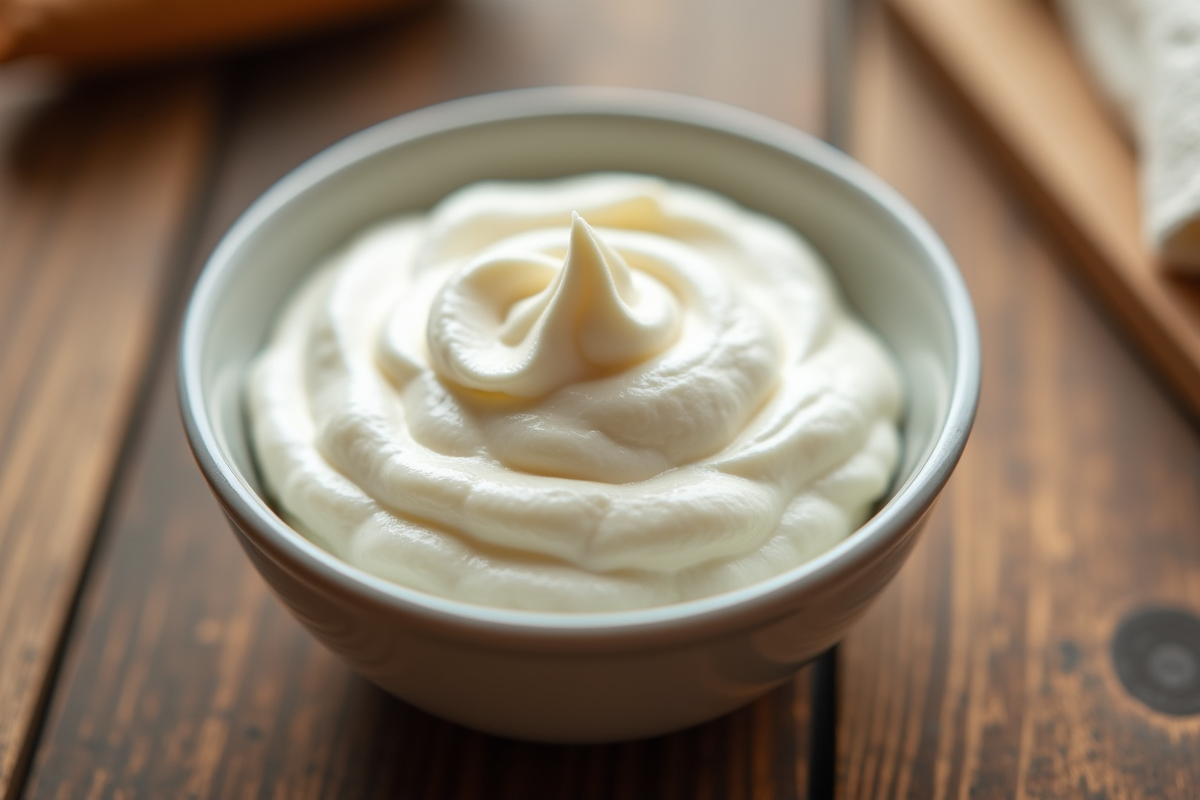 Bol de crème fouettée en gros plan avec pics doux