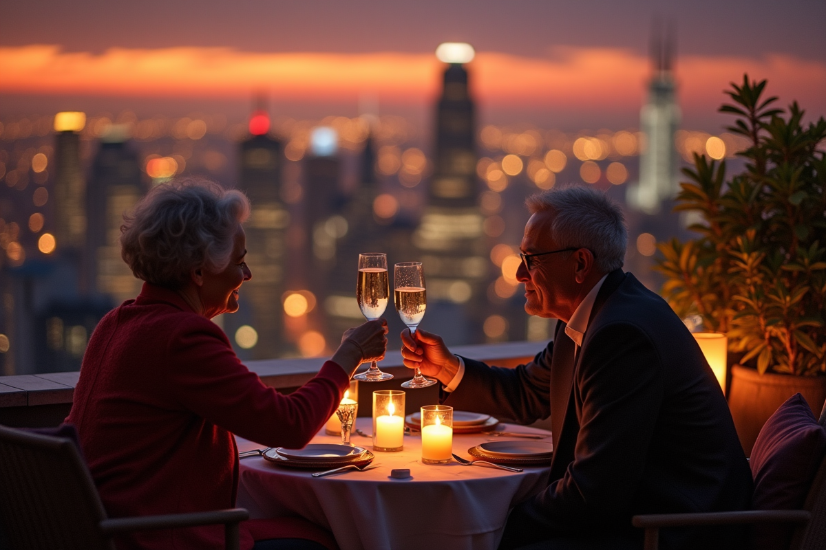 Diner romantique avec couple senior sur un toit en ville