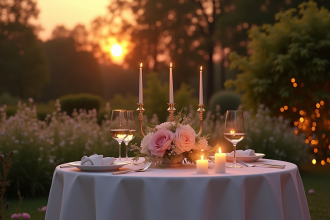 Table d'extérieur pour deux au coucher du soleil avec bougies et fleurs