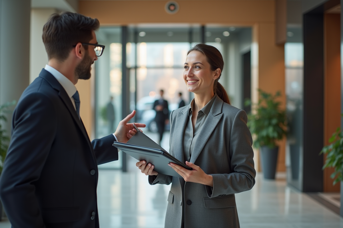 Directrice de banque souriante échangeant avec un collègue dans le hall