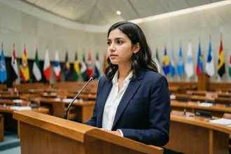 Jeune femme prononçant un discours à la tribune de l'ONU lors d'une assemblée internationale