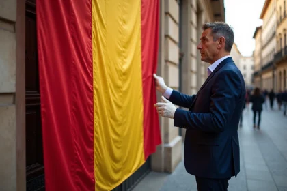 Conservateur examinant le drapeau espagnol sur un bâtiment officiel, détail des bandes rouge et jaune réglementaires