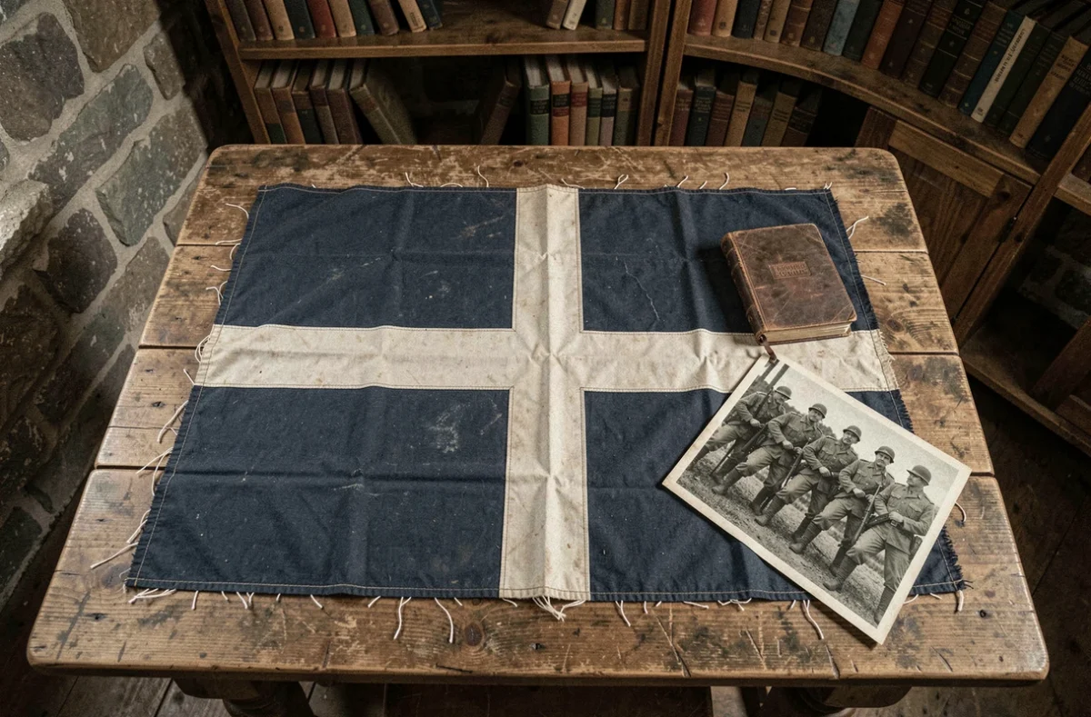 Drapeau de la France Libre avec la croix de Lorraine posé sur une table en bois ancien entouré d'objets militaires de la Seconde Guerre mondiale