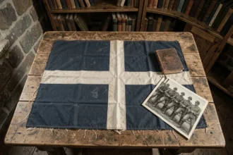Drapeau de la France Libre avec la croix de Lorraine posé sur une table en bois ancien entouré d'objets militaires de la Seconde Guerre mondiale
