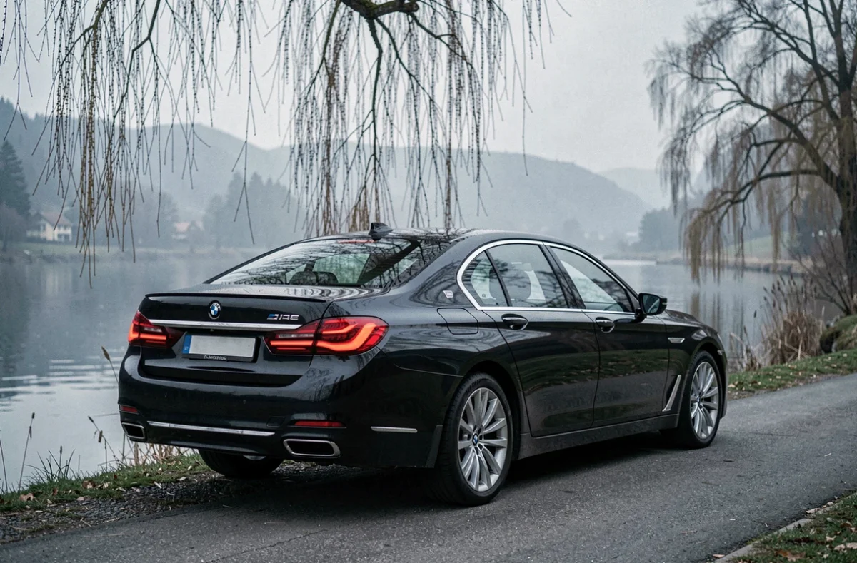 BMW Série 7 noire stationnée au bord d'une rivière brumeuse dans le Doubs, service DREAM TRANSPORT VTC