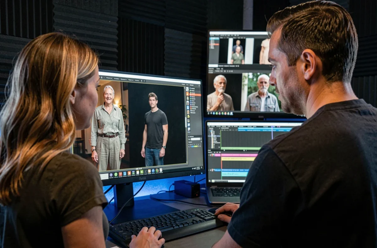 Réalisatrice et technicien VFX analysant des effets spéciaux de taille sur écran en salle de montage, secrets des trucages cinématographiques