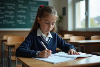 Élève lycéenne lisant une copie d'examen avec des erreurs de didascalie annotées en marge, assise dans une salle de classe vide