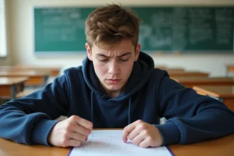 Élève inquiet tenant sa copie scolaire annotée de parenthèses et corrections rouges dans une salle de classe