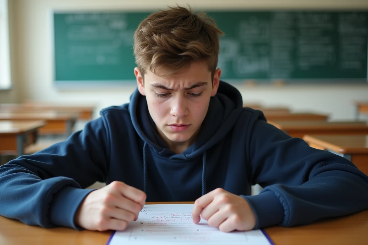 Élève inquiet tenant sa copie scolaire annotée de parenthèses et corrections rouges dans une salle de classe