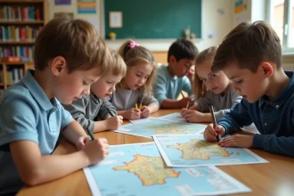 Groupe d'élèves remplissant une carte de France à l'école