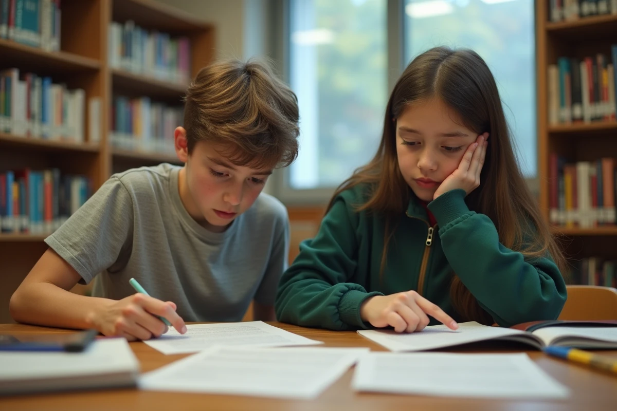Deux élèves comparant leurs copies annotées dans une bibliothèque scolaire avec des expressions perplexes