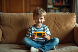 Jeune garçon jouant avec une console rétro colorée sur un canapé en velours côtelé dans un salon nostalgique
