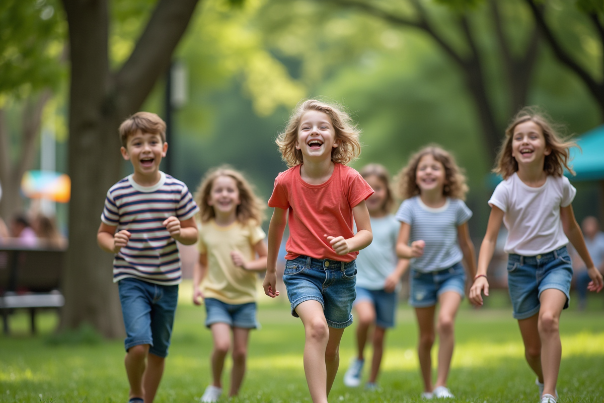 Enfants jouant dans un parc urbain en ete