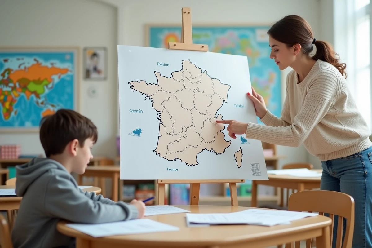 Professeure aidant un élève à étudier la carte de France