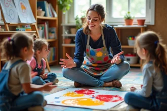 Enseignante expliquant l'art abstrait à des élèves autour d'une grande toile colorée dans une salle de classe artistique