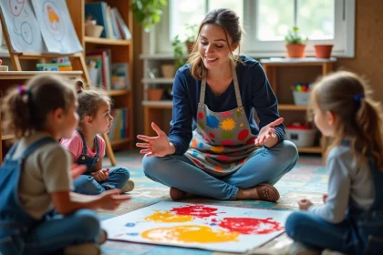 Enseignante expliquant l'art abstrait à des élèves autour d'une grande toile colorée dans une salle de classe artistique
