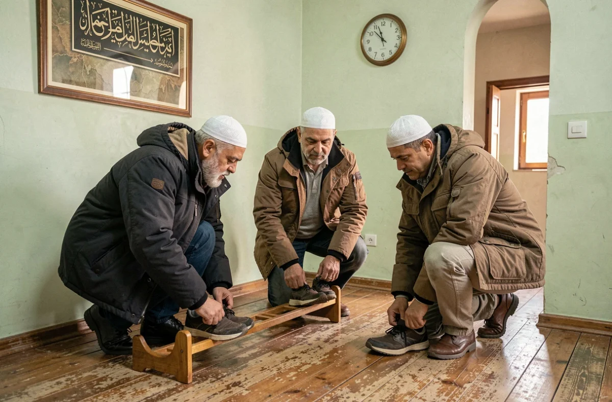 Groupe d'hommes musulmans retirant leurs chaussures avant la prière à l'entrée d'une mosquée à Douai