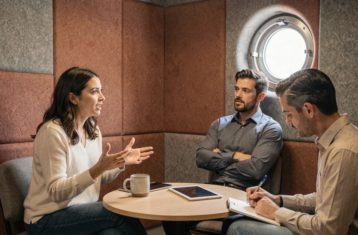 Équipe de managers en réunion dans une salle breakout, illustrant la différence entre entendre et écouter en management