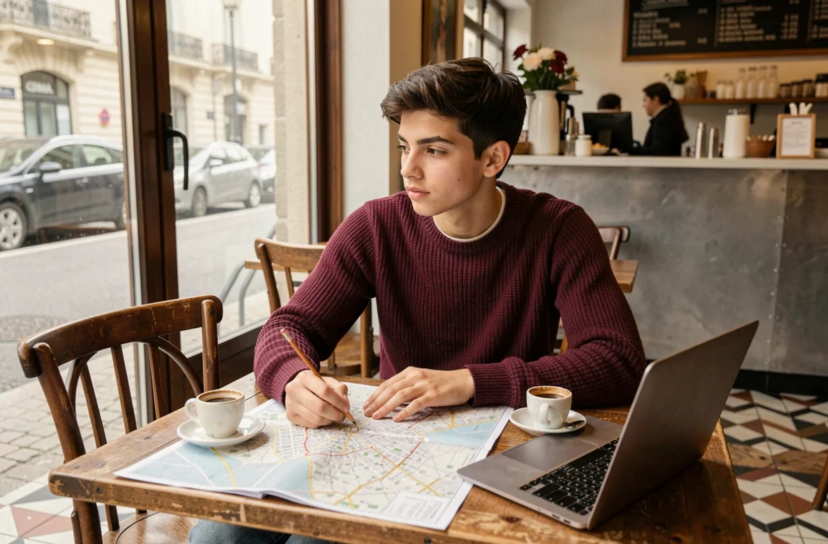 Étudiant annotant un plan de Paris dans un café parisien avec ordinateur portable et expresso