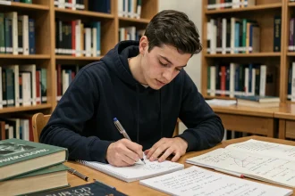 Étudiant en physique calculant un champ électrique sur des feuilles de formules manuscrites dans une bibliothèque universitaire