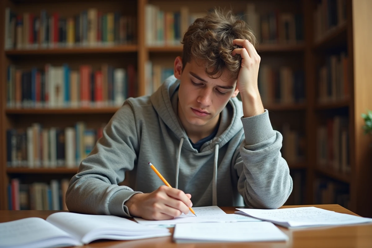 Étudiant corrigeant des didascalies incorrectes sur un script de théâtre posé sur une table de bibliothèque