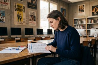 Étudiante en cinéma à Lyon consultant un catalogue de formations dans une salle de cours avec des affiches de films au mur