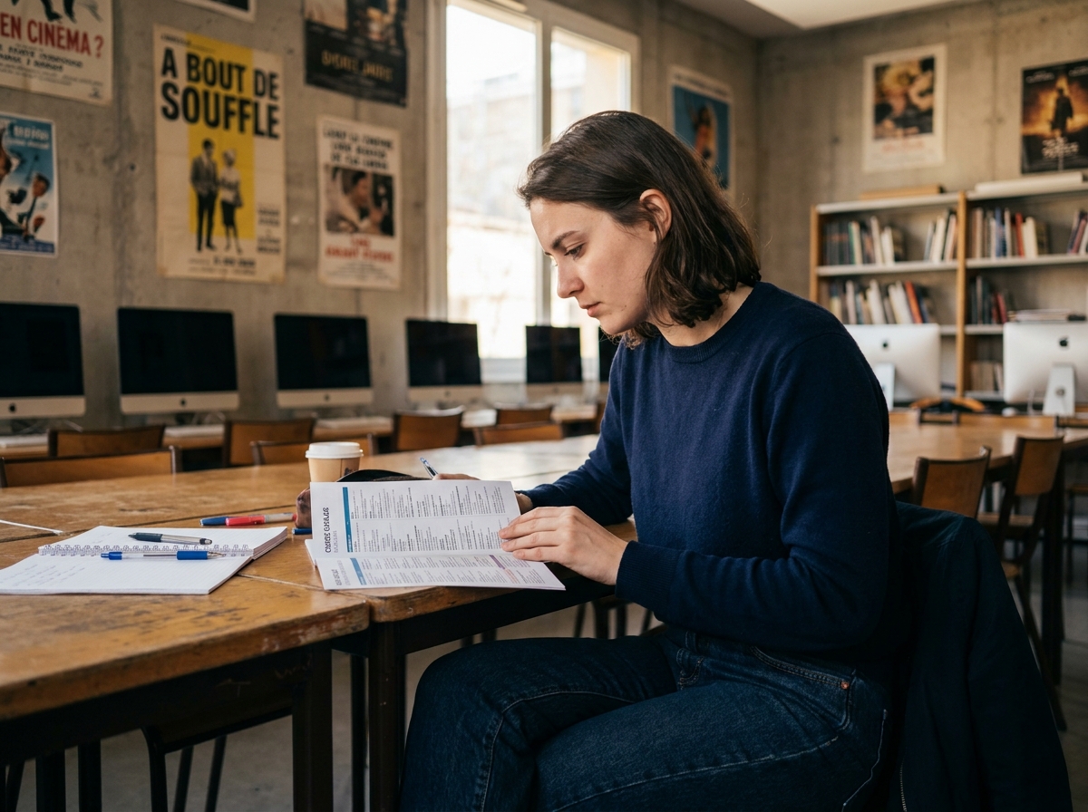 Étudiante en cinéma à Lyon consultant un catalogue de formations dans une salle de cours avec des affiches de films au mur