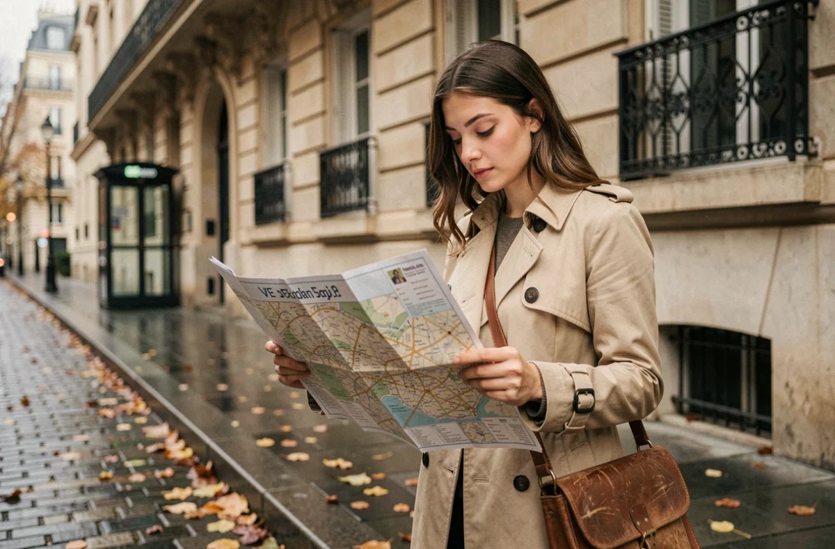 Étudiante consultant un plan de Paris dans un quartier haussmannien avec sa sacoche en cuir