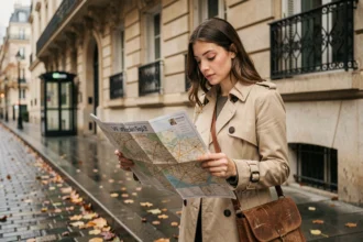 Étudiante consultant un plan de Paris dans un quartier haussmannien avec sa sacoche en cuir