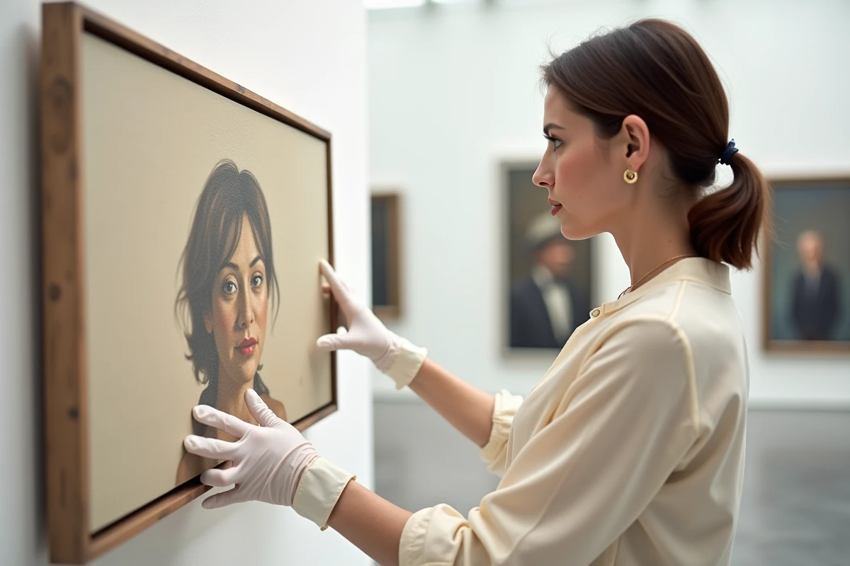 Experte en art examinant une peinture de Jean Bille lors d'une présentation avant vente aux enchères