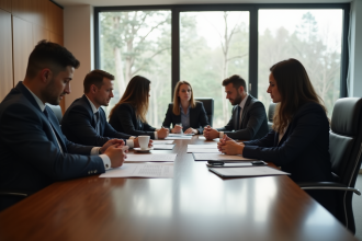 Groupe d experts juridiques en discussion dans un bureau lumineux