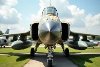 F-4 Phantom II en exposition statique dans un musée aéronautique, vue grand angle au sol mettant en valeur le nez et les entrées d'air de l'avion de chasse
