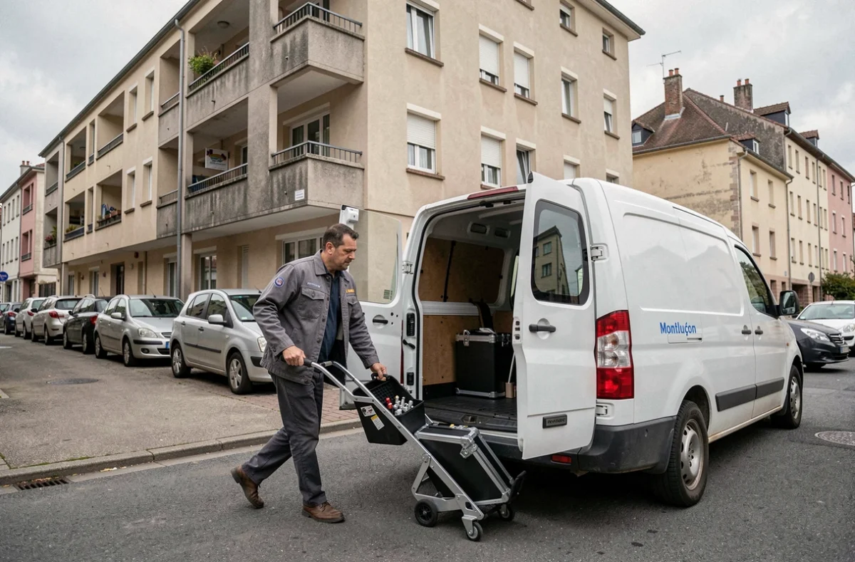 Technicien du réseau FairFair débarquant avec son équipement devant un immeuble résidentiel à Montluçon pour une intervention de serrurerie